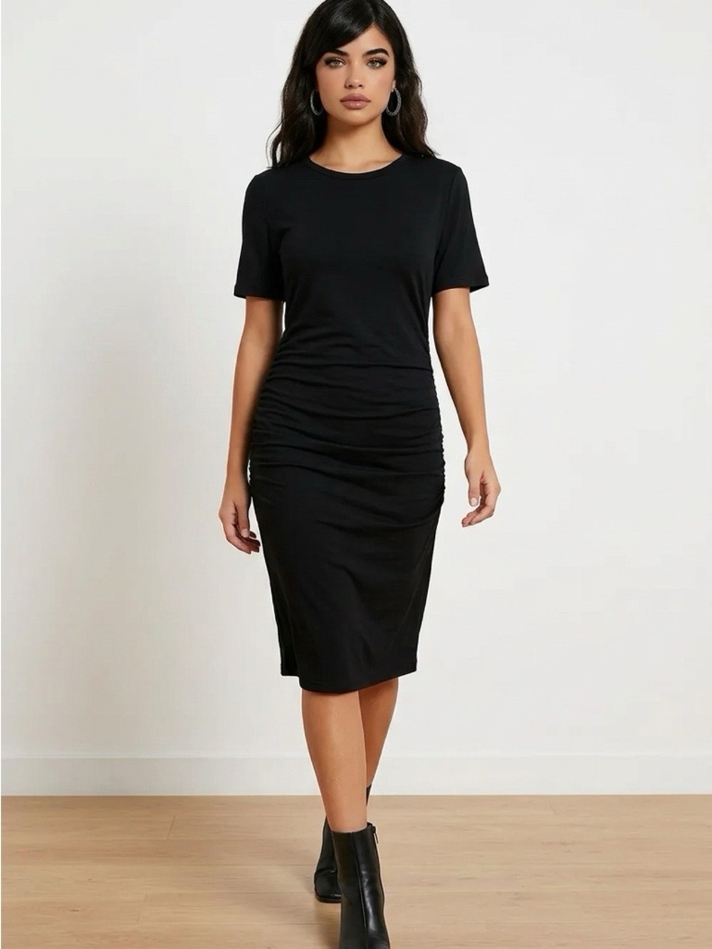 SHEIN Black Midi Ruched T-Shirt Dress
